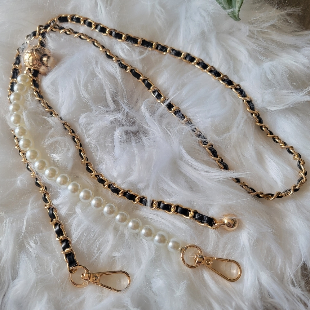 Stylish Bag Strap Gold and Black Chain with Pearl Accents